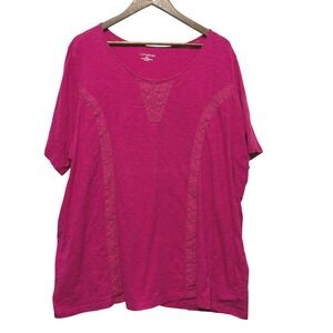 Catherines Women Tunic Top 2X Pink Crochet Lace Inset Romantic Boho Cottagecore